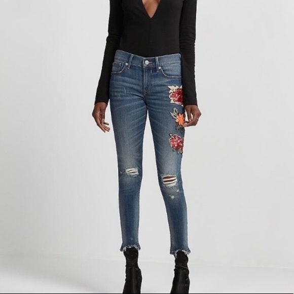 Express mid rise sequin floral distressed jegging